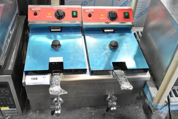 Brand new Avantco 177F202 30 lb. dual tank electric fryer with two metal baskets and lids, 208-240V, 1 Phase.