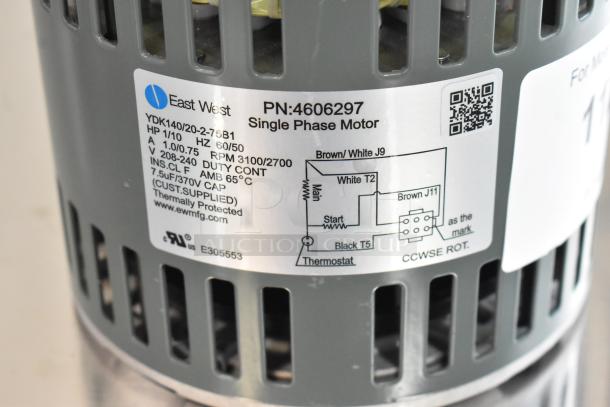 BRAND NEW East West YDK140/20-2-75B1 Motor, 208-240V, 1 Phase. Features 1/10 HP, 3100/2700 RPM. Scratch and dent condition.