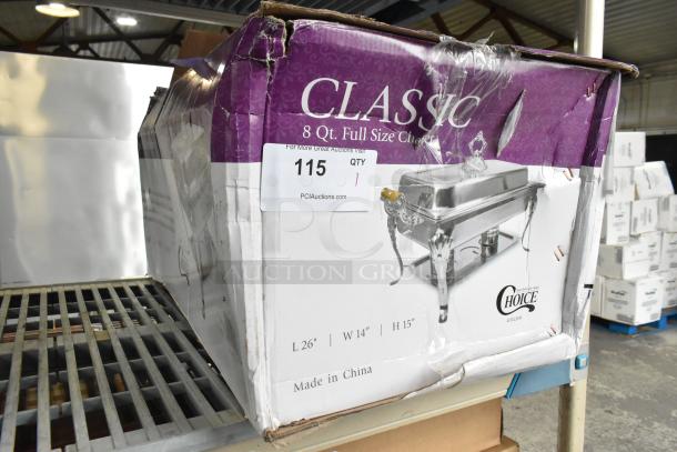 Brand new Choice Classic 8 Qt. Full Size Chafer, model 407DL200A, in scratched and dented packaging. Dimensions: L26" W14" H15". Made in China.