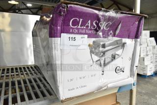 Brand new Choice Classic 8 Qt. Full Size Chafer, model 407DL200A, in scratched and dented packaging. Dimensions: L26" W14" H15". Made in China.