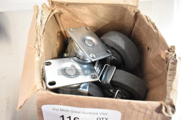 Lot of 4 brand new commercial casters in box, minor scratches and dents, swivel plates, rubber wheels, item 116 QTY.