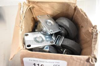Lot of 4 brand new commercial casters in box, minor scratches and dents, swivel plates, rubber wheels, item 116 QTY.