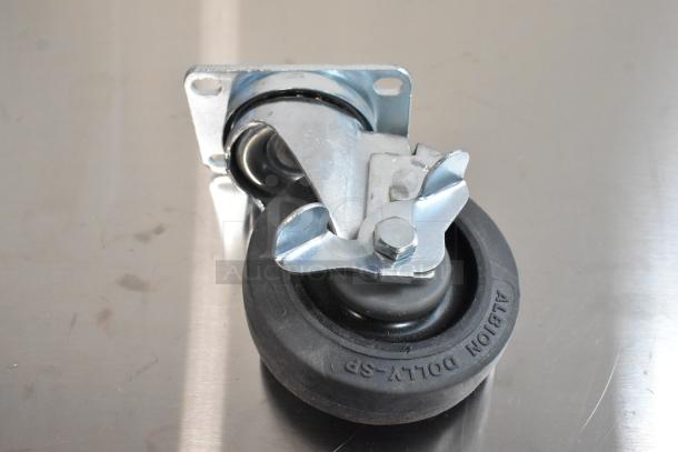 Lot of 4 brand-new commercial casters, scratch and dent, Albion Dolly-SPR, swivel design, sturdy build, minor cosmetic flaws.