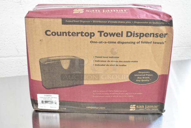 3 San Jamar T1740SS towel dispensers, stainless steel look, scratch and dent, countertop use, in original packaging.