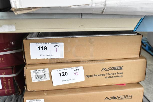 BRAND NEW AvaTek 334RSB50SS digital scale in packaging; 50 lb capacity, built-in handle, minor scratches. Labels display model and quantity.