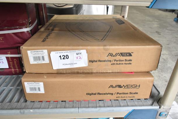 Two new AvaTek/AvaWeigh digital scales, models RSB100SS (100 lb) and RSB250SS (250 lb), in boxes with handles.