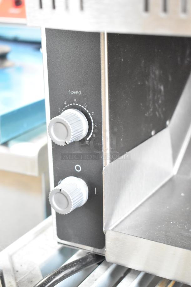Stainless steel Vollrath JT1H conveyor toaster with control dials, 2 1/2" opening, and visible scratch. 120 volts, 1 phase.
