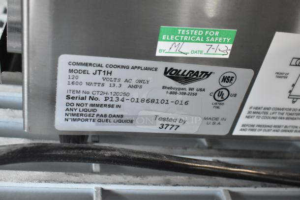 BRAND NEW Vollrath JT1H conveyor toaster, stainless steel, 2 1/2" opening, 120V, 1 phase, Model JT1H, with label details.