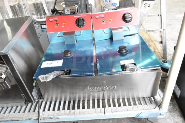 Brand new Avantco 177F102 20 lb. dual tank electric fryer, scratch and dent, with 2 baskets, 2 lids. 120V, 1 phase.