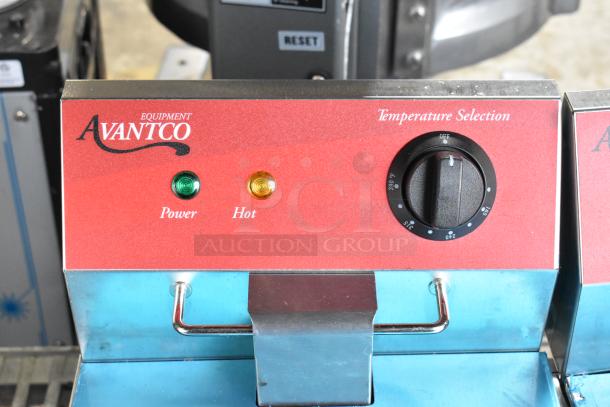 Brand new Avantco 177F102 dual tank electric fryer control panel, power and hot indicators, temperature dial visible.