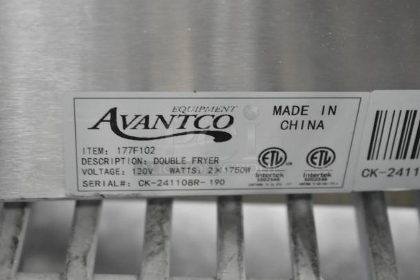 Avantco 177F102 dual tank electric fryer tag showing model, 120V, 2x1750W, made in China; ETL certified.