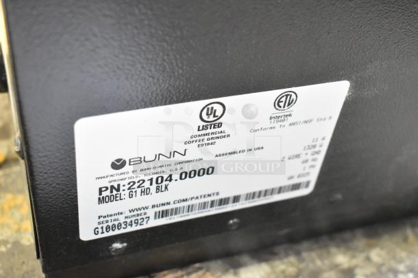 BRAND NEW SCRATCH AND DENT 2020 Bunn G1 HD Commercial Coffee Grinder label showing model and specs, 120 Volts, 1 Phase.