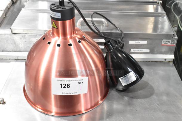 BRAND NEW ServIt 423HLS85CR 8' Heat Lamp, modern copper finish, round dome shade. Scratch and dent condition, ceiling mount.