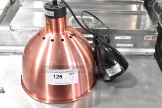 BRAND NEW ServIt 423HLS85CR 8' Heat Lamp, modern copper finish, round dome shade. Scratch and dent condition, ceiling mount.