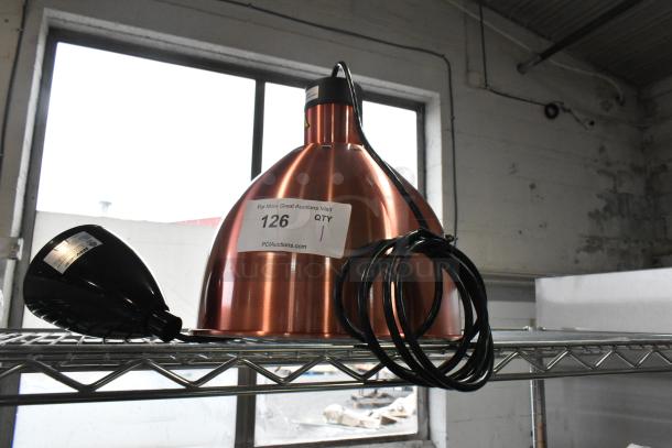 BRAND NEW ServIt 423HLS85CR 8' ceiling mount heat lamp with copper finish, round dome shade. Minor scratch and dent visible.