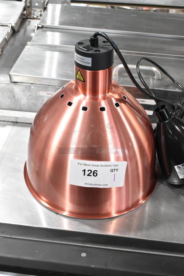 Brand new ServIt 423HLS85CR ceiling mount heat lamp, 8' copper dome shade, slight scratches, auction sticker visible.