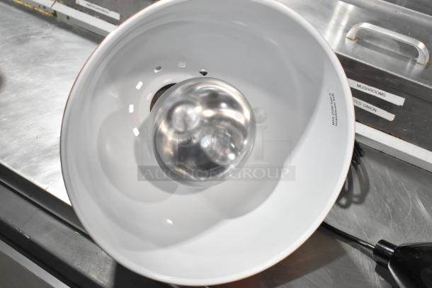 Brand new ServIt HLS85CR 8' ceiling mount heat lamp, copper finish, round dome shade, minor scratches visible.