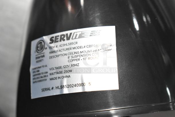 BRAND NEW SCRATCH AND DENT! ServIt 423HLS85CR ceiling mount heat lamp with copper finish, 8' length, round dome shade. Item label shows model and specs.