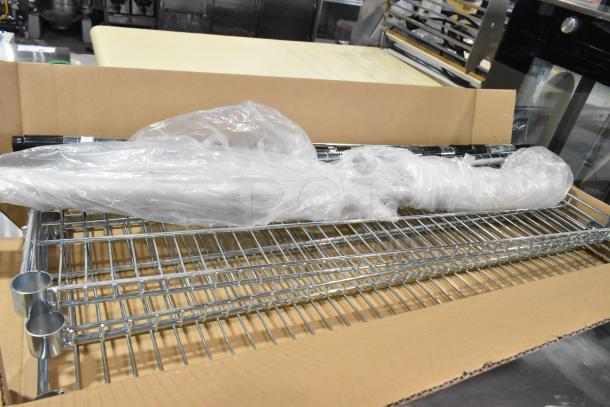 Box of Omar 21823 wire shelves, brand new with minor scratches and dents. Includes wrapped poles and chrome finish.