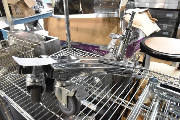 Kupo Commercial Casters, heavy-duty wheels, shown on metal shelving. Markings highlight robust construction and durability.