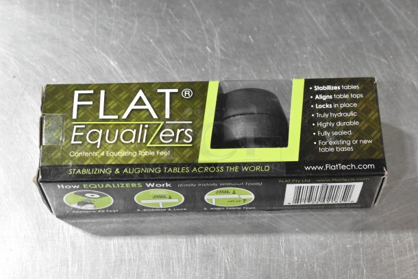 Box of FLAT Equalizers for tables, brand new, with 4 stabilizing feet, features hydraulic alignment.