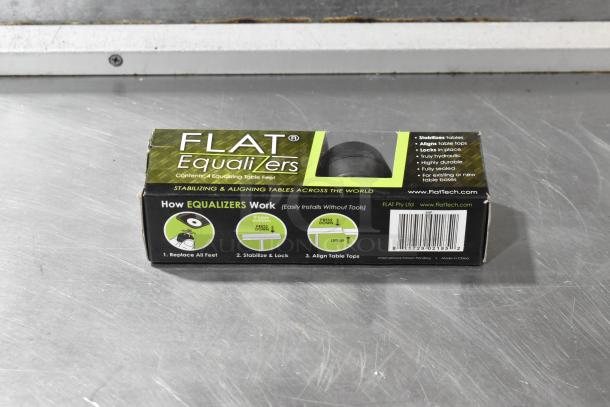 7 brand new Flat Table Equalizers in box. Stabilizes and aligns tables. Includes 4 equaling feet. Made by FLAT Pty Ltd.