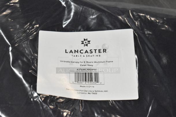 5 brand new Lancaster 9' round midnight navy umbrella canopies, model 427UMCAR09NV. Fits aluminum push lift umbrellas.