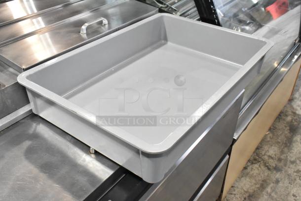 Three brand new gray poly dough bins with minor scratches. Durable and sturdy for kitchen use.