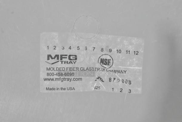 Gray Poly Dough Bin with MFG Tray label, showing model number 875008, NSF certified, made in the USA.