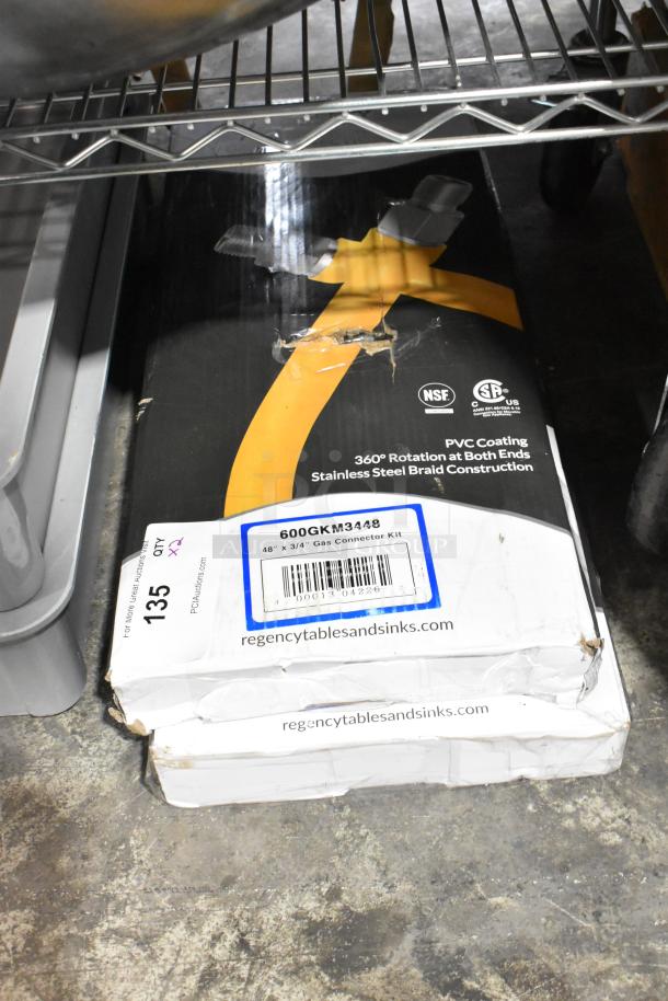 Brand new Regency 600GKM3448 mobile gas connector hose kit with 2 elbows, full port valve, and quick disconnect, 3/4".