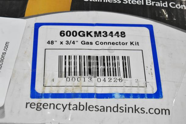 Brand new Regency 600GKM3448 gas connector kit, 48" x 3/4", includes 2 elbows, valve, device, quick disconnect.