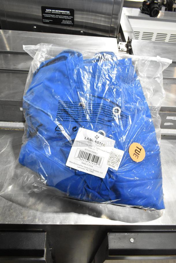 Brand new blue Lancaster 9' umbrella canopy for aluminum pulley lift umbrellas, model 427UMCAS09CB, in original packaging.