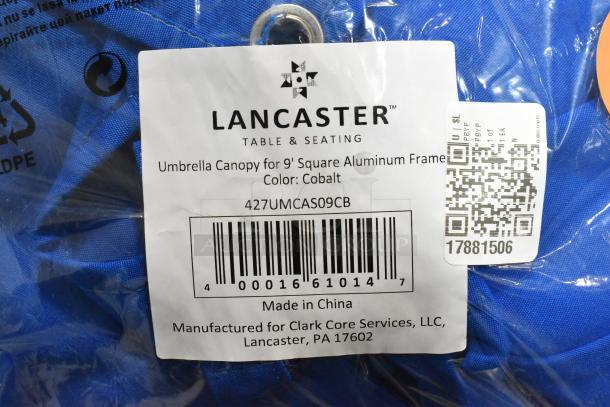 Brand new 9' Lancaster Table cobalt umbrella canopy in packaging. Label shows model 427UMCAS09CB, for aluminum frame.
