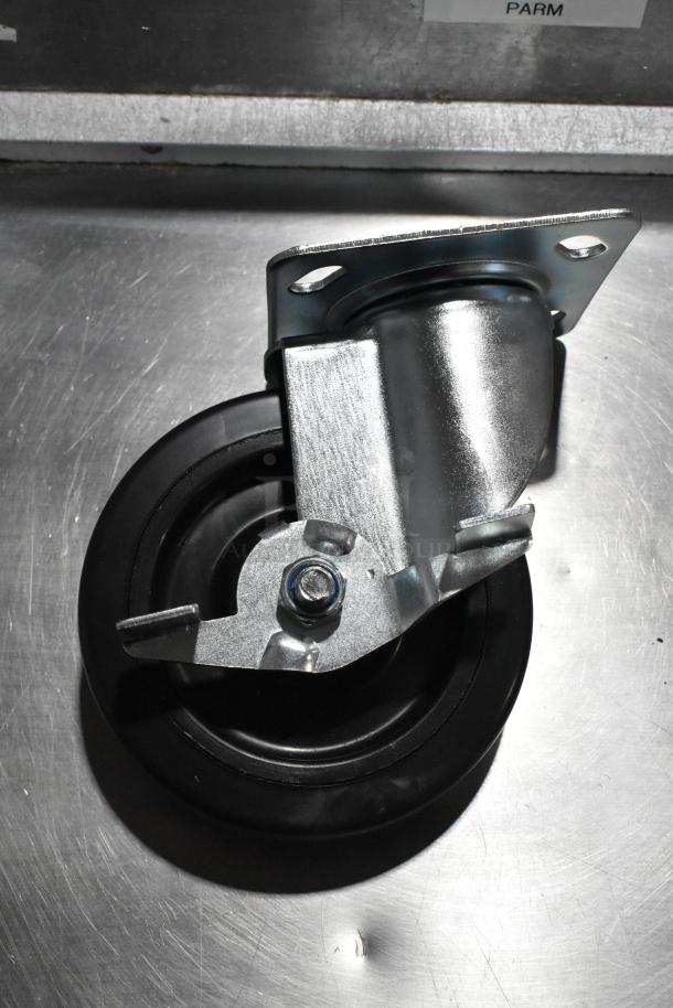 Brand new commercial caster, lot of 8, including model 351302090155. Scratch and dent condition, metal and rubber build.