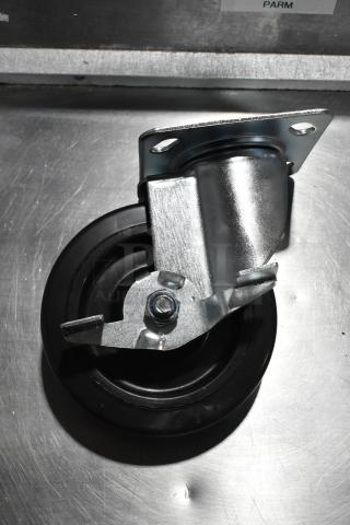 Brand new commercial caster, lot of 8, including model 351302090155. Scratch and dent condition, metal and rubber build.