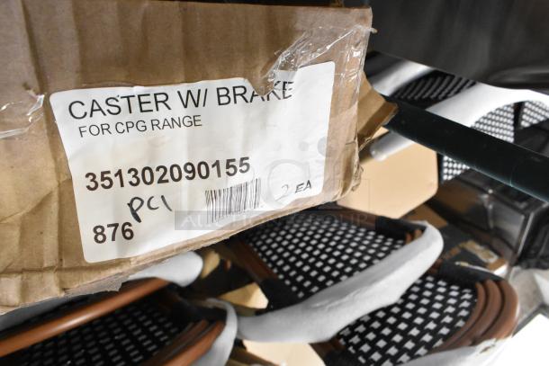 Lot of 8 commercial casters, scratch and dent, model 351302090155, with brake, for CPG range. Box slightly damaged.