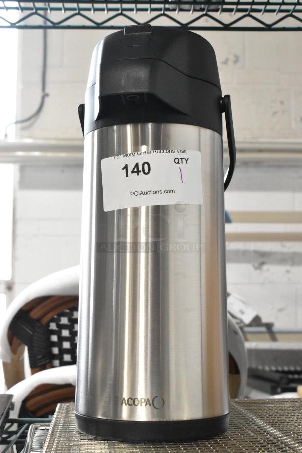 BRAND NEW Acopa Stainless Steel Air Pot with minor scratches and dents. Auction tag reads "140 QTY 1."