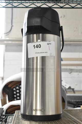BRAND NEW Acopa Stainless Steel Air Pot with minor scratches and dents. Auction tag reads "140 QTY 1."