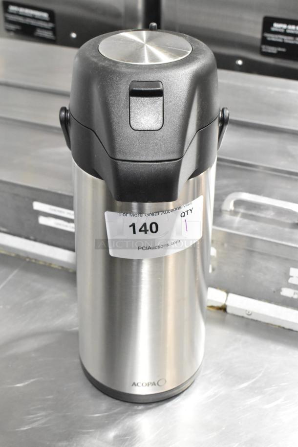 BRAND NEW SCRATCH AND DENT Acopa Stainless Steel Air Pot, minor imperfections, labeled "140" from PCIAuctions.com.