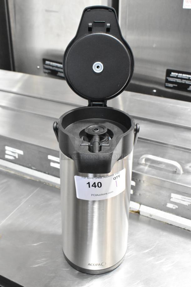 BRAND NEW Acopa Stainless Steel Air Pot with open lid, minor scratches, label indicating auction item 140.