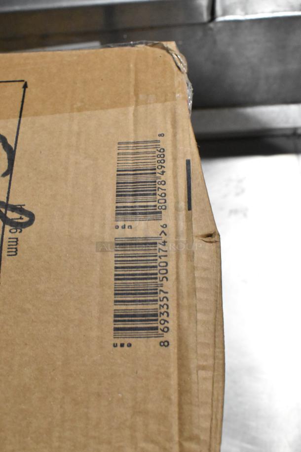 Cardboard box with barcode, potential shipping damage. Contains Pasabahce Timeless Vintage and Acopa Select glassware, scratch and dent.