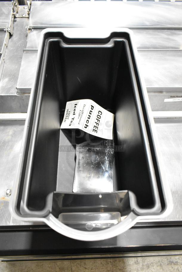 Black slim beverage dispenser, 3-gallon capacity, brand new with minor scratches. Features clear lid, labels inside.