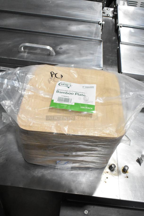 Pack of 175BSP09 EcoChoice 9" compostable bamboo square plates, sealed with labeling indicating 100 per pack.