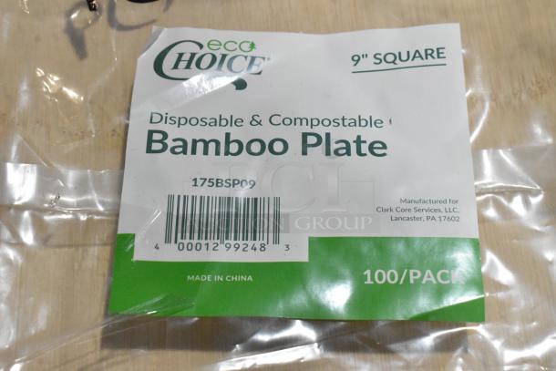 EcoChoice 9" compostable bamboo square plates, 175BSP09, new condition, 100-pack, barcode and label details visible.