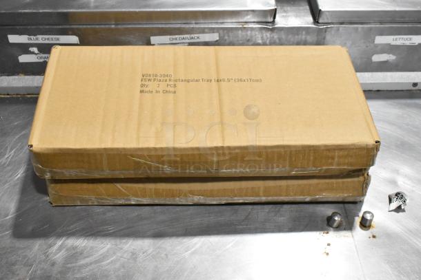 Box labeled V0818-3040 with FSW Plaza Rectangular Tray 14x6.5", 3 pieces, made in China. Box shows slight wear.