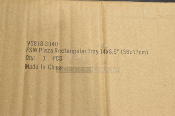 Cardboard box stamped "V0818-3040 FSW Plaza Rectangular Tray 14x6.5" (36x17cm), Qty: 3 PCS, Made in China."