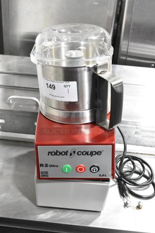 Brand new Robot Coupe R2UB food processor with 3 qt. stainless steel bowl, S blade, 1 hp, 120V, showing auction tag.