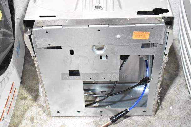 Brand new Elkay EZSDWS_1G stainless steel wall mount water fountain, scratch and dent, 115V, 1 phase, visible hanger bracket label.