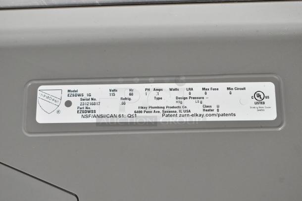 Elkay EZSDWS_1G water fountain label showing 115V, 1 phase, scratch and dent condition, UL listed.