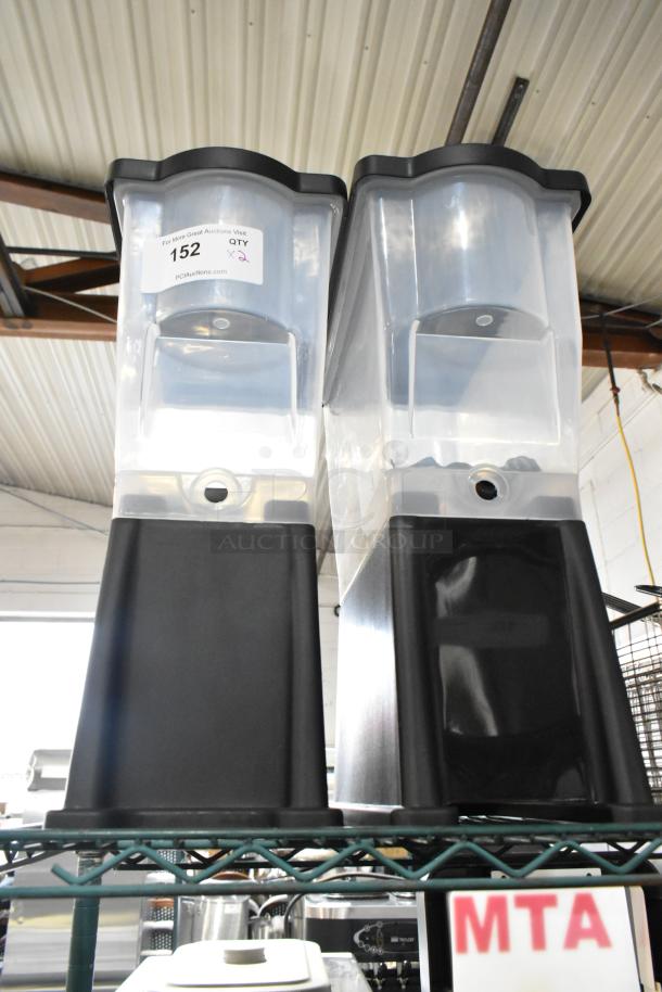 2 new Choice Poly Beverage Holder Dispensers, scratch and dent condition, clear and black, auction tag "152, QTY x2".